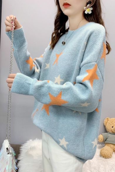 Ladies Cute Star Print Round Neck Drop Sleeve Laid Back Sweater