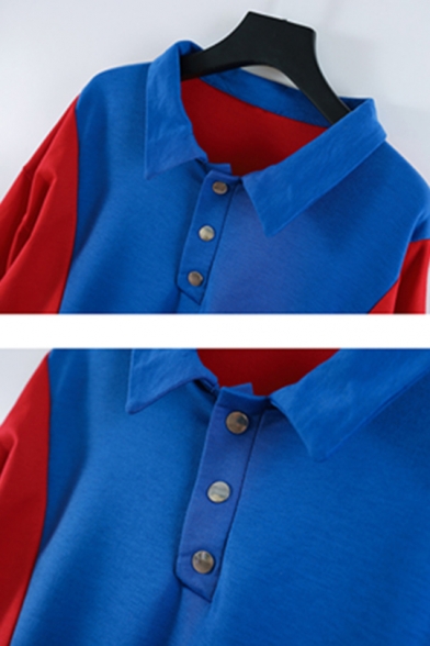 Lapel Collar Color Block Long Sleeve Blue Crop Polo Sweatshirt