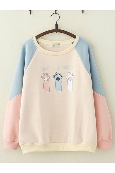 Lovely Cartoon Cat Claw Pattern Color Block Round Neck Long Sleeve Loose Pullover Sweatshirt