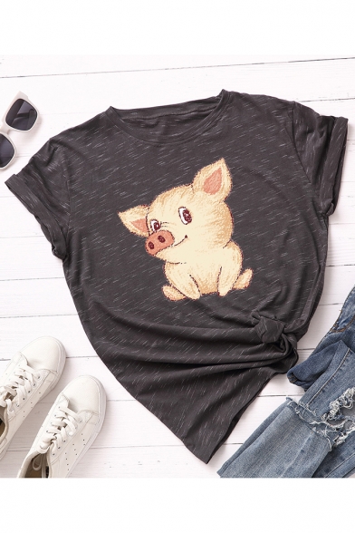 Lovely Cartoon Pig Printed Round Neck Short Sleeve Loose Casual T-Shirt