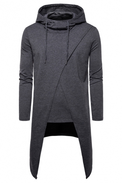 Men's Stylish Simple Solid Color Asymmetrical Hem Longline Relaxed Drawstring Hoodie