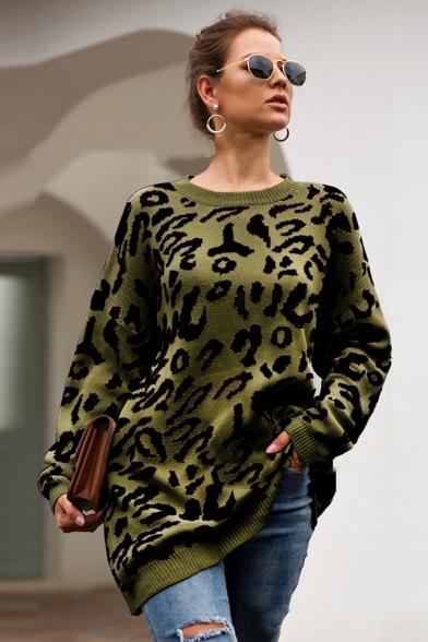 New Arrival Leopard Print Round Neck Bloomer Sleeve Shaggy Sweater for Women