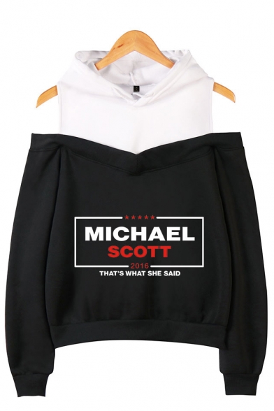 Stylish Letter Michael Scott Print Cold Shoulder Long Sleeve Casual Loose Pullover Hoodie