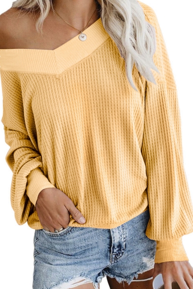 Stylish Plain V-Neck Off the Shoulder Long Sleeve T-Shirt