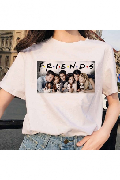 Summer Stylish Friends Figure Printed Round Neck Short Sleeve White T-Shirt