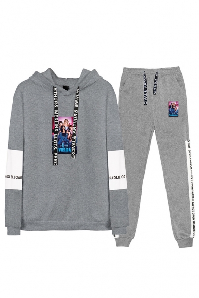 Trendy Figure Printed Color Block Hoodie with Sweatpants Two-Piece Set