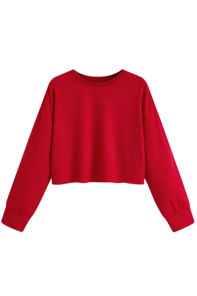 Basic Simple Plain Round Neck Long Sleeve Loose Cotton Crop Sweatshirt