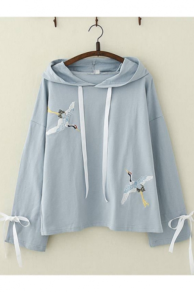 Chic Crane Embroidered Bow Cuff Wide Long Sleeve Leisure Hoodie