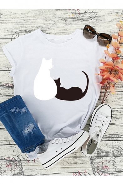 Cute Cartoon Cat Printed Round Neck Short Sleeve Casual Leisure T-Shirt