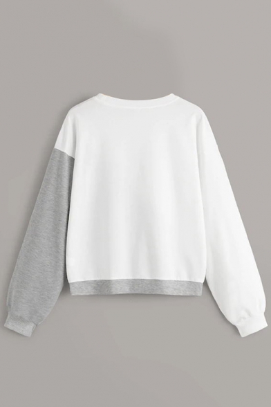 Fashion Color Block White and Grey Sequined Patched Crop Sweatshirt