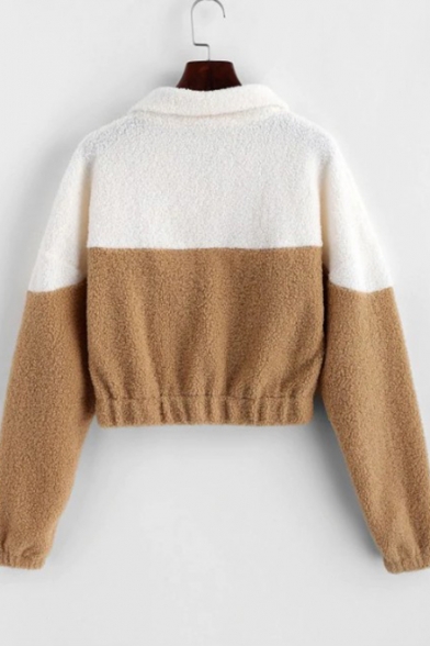 Half-Zip Stand Collar Color Block Long Sleeve Fluffy Apricot Cropped Sweatshirt