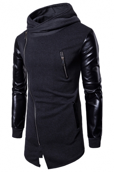 Mens Cool Fashion Solid Color Leather Patched Long Sleeve Slim Fit Casual Zip Up Longline Hoodie