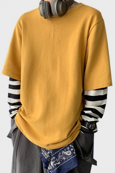 Mens Popular Stripe Patched Long Sleeve Fake Two-Piece Round Neck Casual Loose Sweatshirt