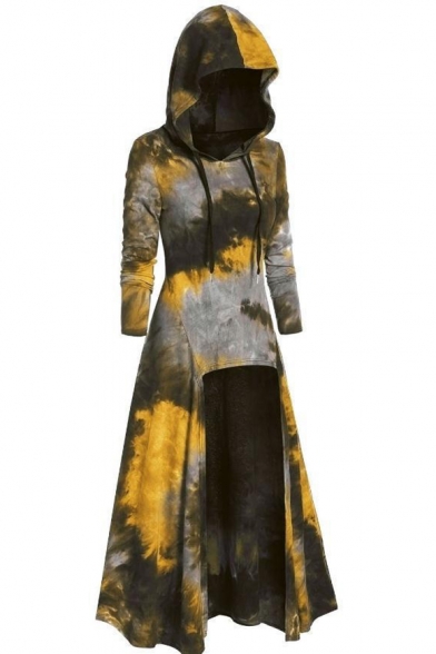 New Stylish Tie-Dyed Long Sleeve High Low Hem  Loose Fit Hooded Midi Dress