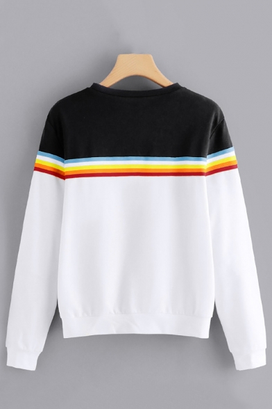 Simple Color Block Striped Print Round Neck Long Sleeves White Sweatshirt