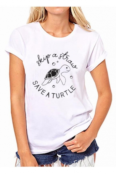 Skip A Straw Save A Turtle Graphic Printed Round Neck Short Sleeve Leisure T-Shirt