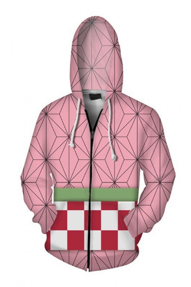 Stylish 3D Color Block Sport Loose Zip Up Hoodie with Pockets