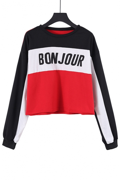 

Trendy Letter BONJOUR Printed Color Block Round Neck Long Sleeve Pullover Sweatshirt, LC558969