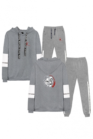 Trendy Money Heist Figure Printed Letter Drawstring Hoodie with Joggers Pants Two-Piece Set