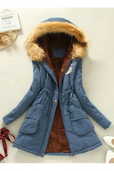 Womens New Trendy Fur-Trimmed Hooded Drawstring Waist Warm Longline Cotton Coat