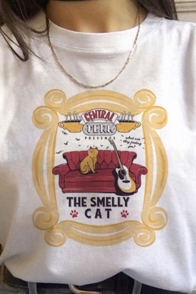 CENTRAL PERK THE SMELL CAT Letter Cat Printed Round Neck Short Sleeve White T-Shirt