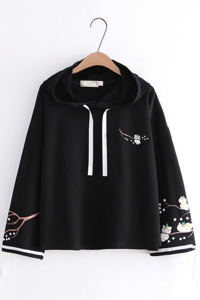 Cute Car And Floral Embroidered Drawstring Bow Tie Long Sleeve Hoodie