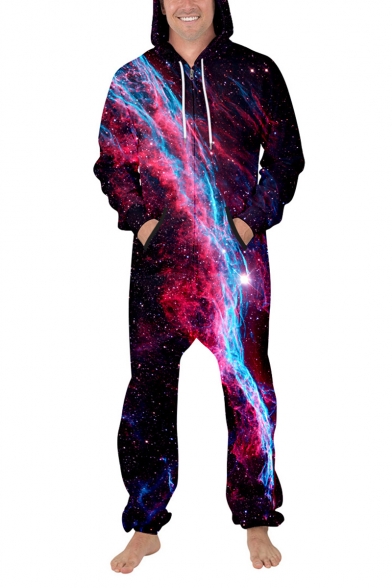 Fancy Purple 3D Universe Starry Galaxy Printed Long Sleeve Zip Up Hooded Jumpsuits
