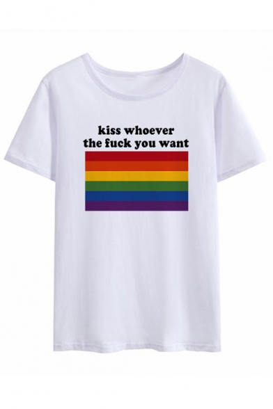 Kiss Whoever The Fuck You Want Letter Striped Printed Round Neck Short Sleeve T-Shirt