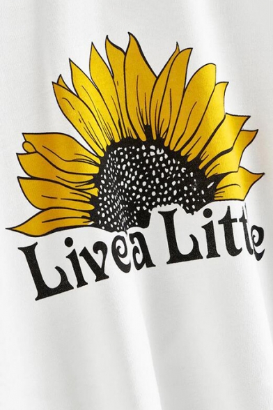 Live A Little Letter Flower Printed Round Neck Long Sleeve White Loose Crop Hoodie