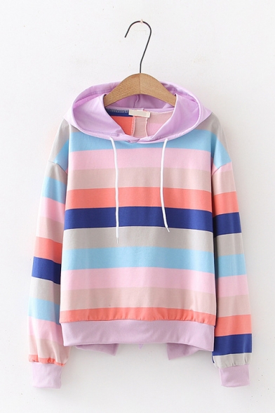 New Design Tie Back Long Sleeve Colorful Striped Hoodie For Girls