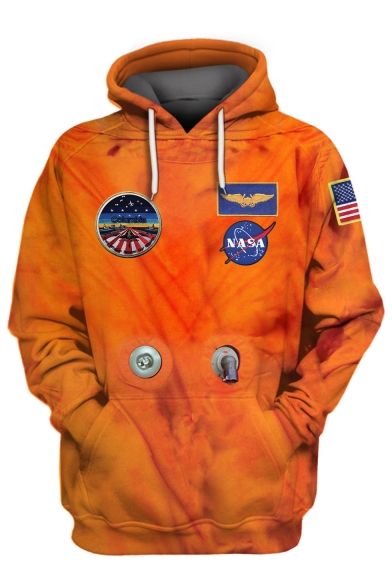 New Fashion Orange NASA Logo Pattern Long Sleeve Sport Casual Pullover Hoodie