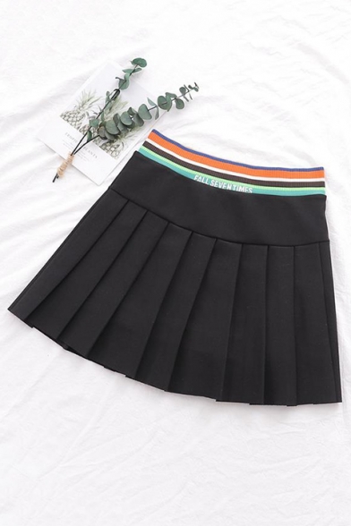 New Fashion Striped Elastic Waist Black Pleated Mini Skirt