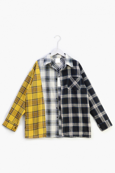 Popular Kpop Boy Band Fashion Colorblocked Check Print Long Sleeve Over Shirt
