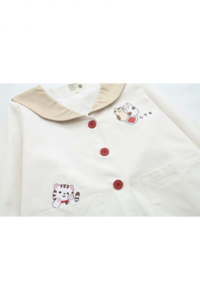 Students Cute Cartoon Cat Embroidered Peter Pan Collar Loose Casual Hooded Jacket Coat