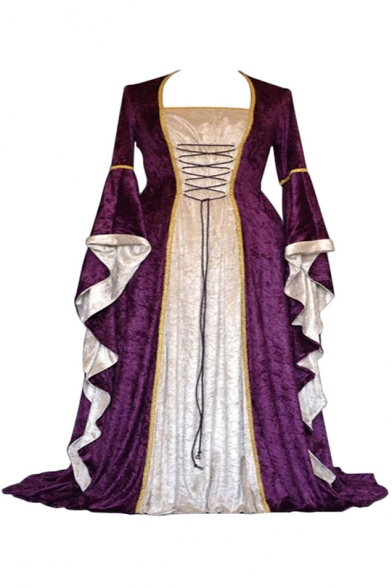 Womens Fashion Medieval Vintage Retro Square Neck Extra Long Sleeve Pleuche Contrast Stitching Swing Dress