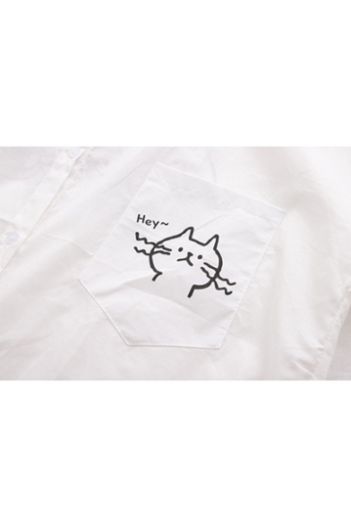 Cartoon Cat Pattern Campus Style Long Sleeve Loose Fit Button Shirt