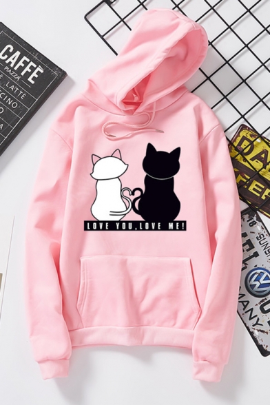 Funny Cartoon Couple Cat Letter LOVE YOU LOVE ME Printed Long Sleeve Unisex Hoodie