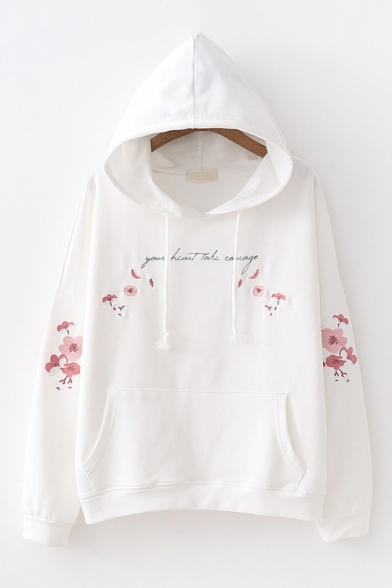 Girls Long Sleeve Letter Floral Embroidered Cotton Pullover Hoodie