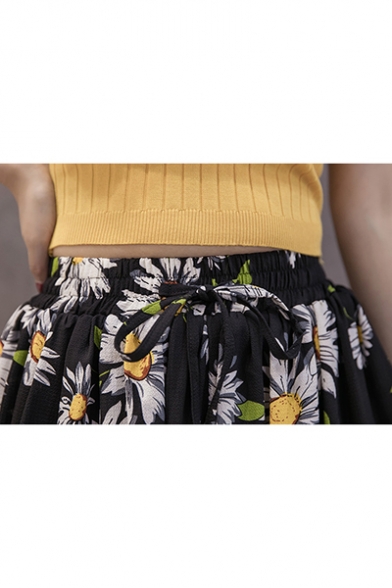 Girls Summer Trendy Floral Printed Black Chiffon Culottes Shorts