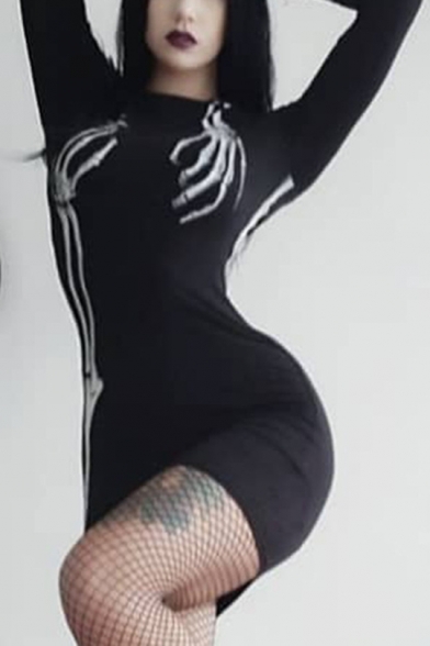 Hot Popular Gothic Style Black Hand Bone Printed Round Neck Long Sleeve Slim Mini Dress