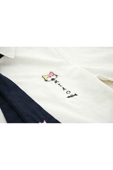 Lapel Collar Long Sleeve Cartoon Cat Embroidered Bow Tie Buttons Down White Shirt