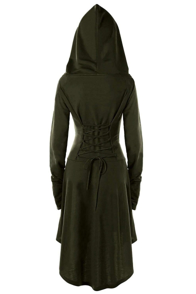 New Popular Cosplay Gathered Waist Plain Long Sleeve High Low Hooded Mini Dress
