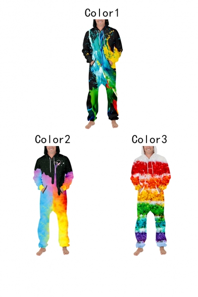 New Trendy 3D Splash Ink Pattern Long Sleeve Unisex Casual Loose Zip Up Hooded Jumpsuits
