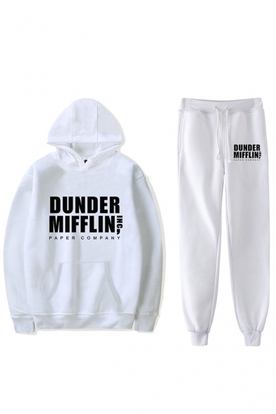 New Trendy Letter Dunder Mifflin Printed Loose Hoodie with Sport Sweatpants Two-Piece Set