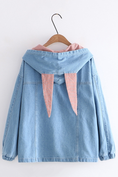 Pretty Rabbit Embroidered Patchwork Plaid Printed Rabbit Ear Hooded Zipper Denim Jacket For Girls