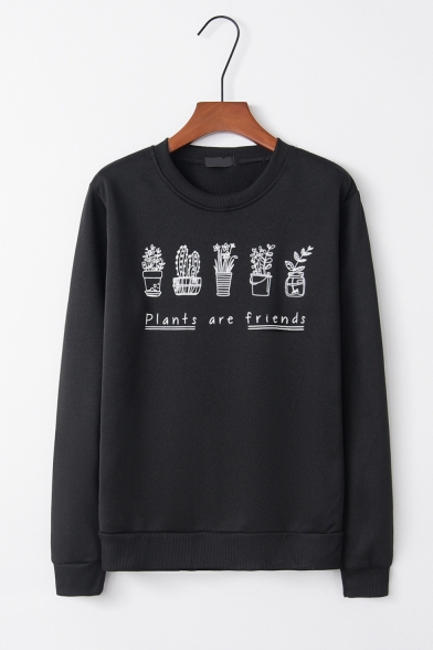 Simple Letter Plants Are Friends Print Round Neck Long Sleeves Sweatshirt
