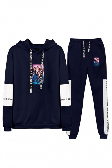 Trendy Figure Printed Color Block Hoodie with Sweatpants Two-Piece Set