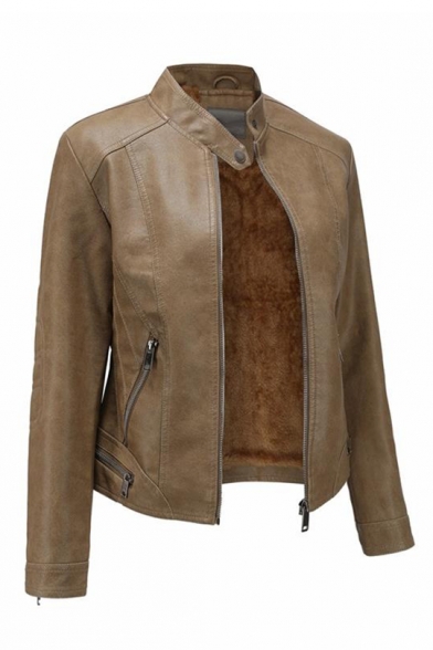 Women's Stand Collar Long Sleeve Faux Leather Motorcycle Power Shoulder Jacket