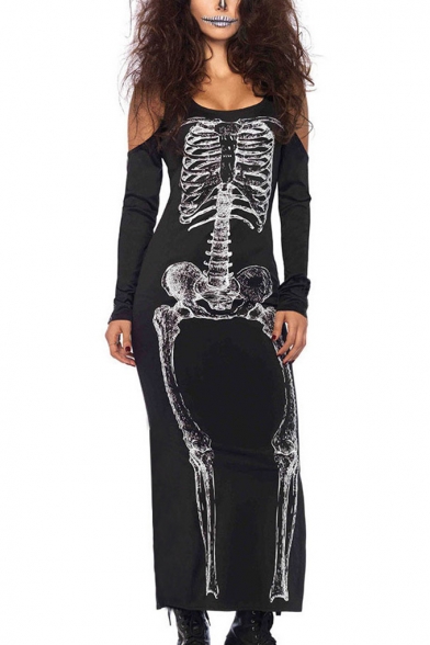 Womens Halloween Black Scary Monster Skull Skeleton Printed Round Neck Off Shoulder Long Sleeves Bodycon Maxi Dress