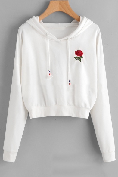 Basic Simple Floral Embroidery Long Sleeve White Crop Hoodie